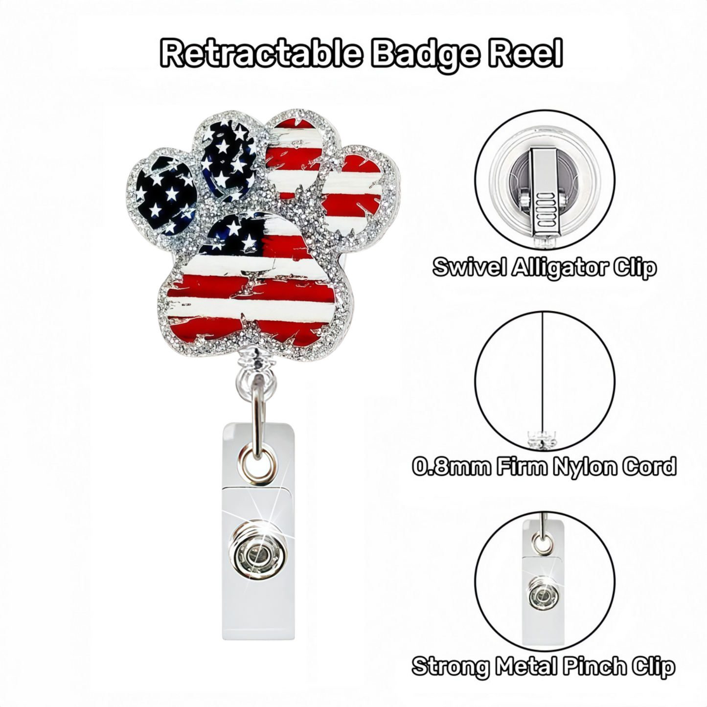 Acrylic Paw-shaped American Flag Badge Reel