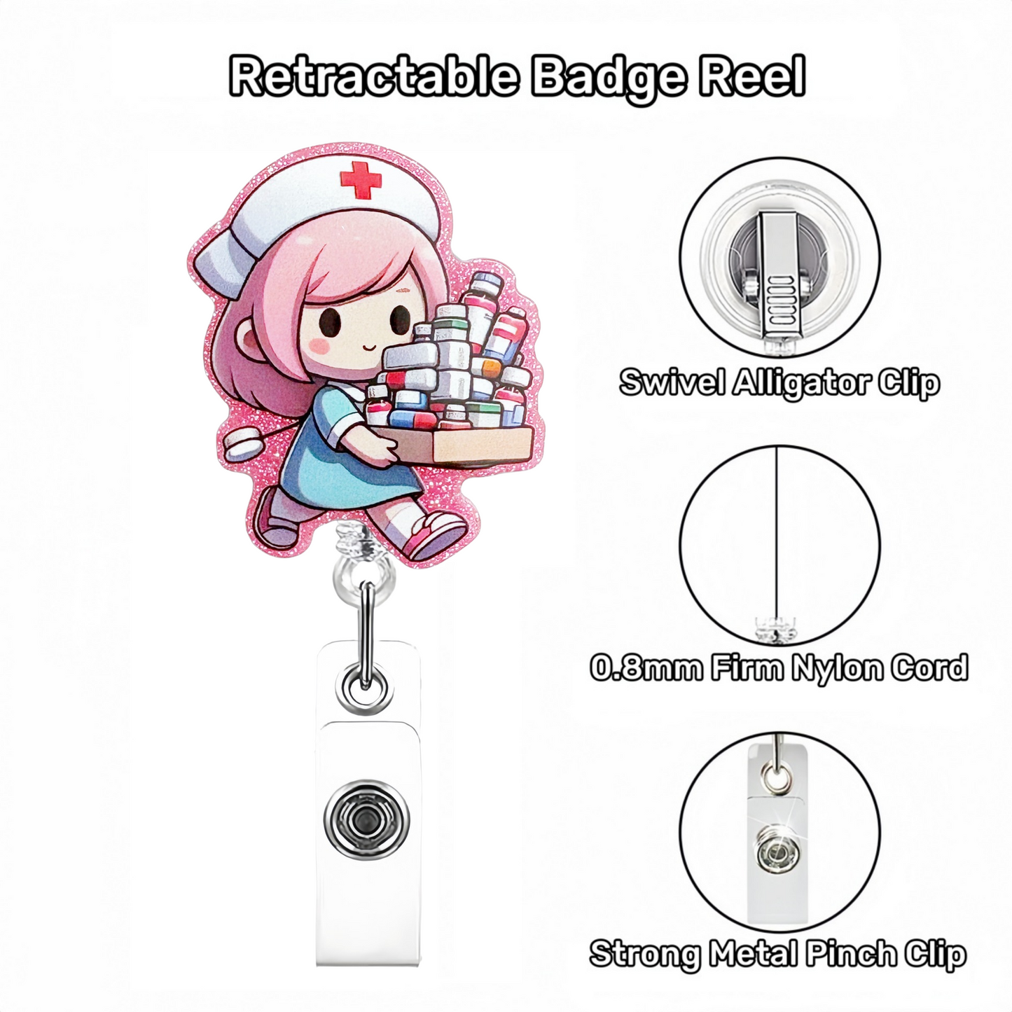 Acrylic Pink Nurse is Holding Some Medicine Badge Reel
