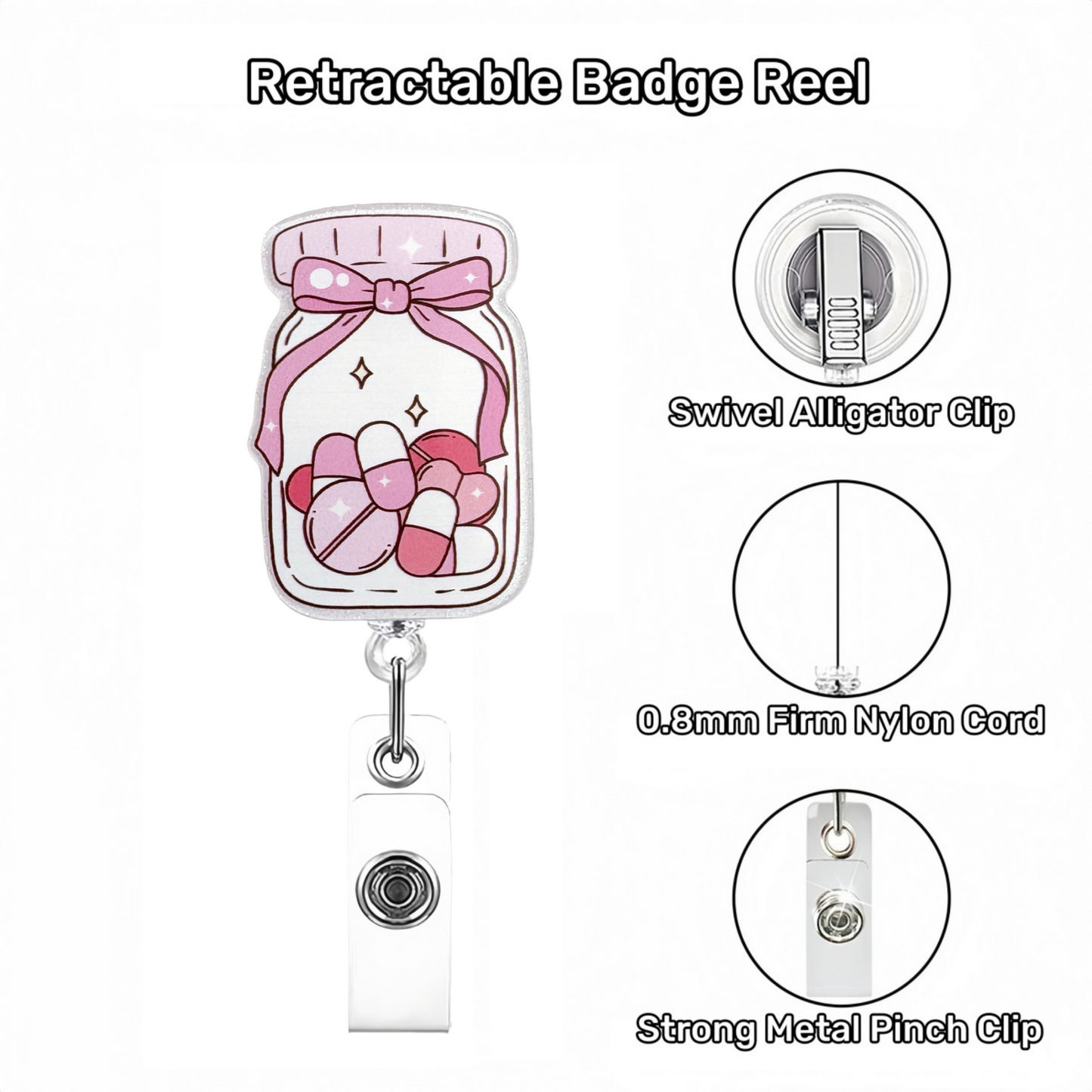 Acrylic Pink Medicine Bottle with a Bow Badge Reel