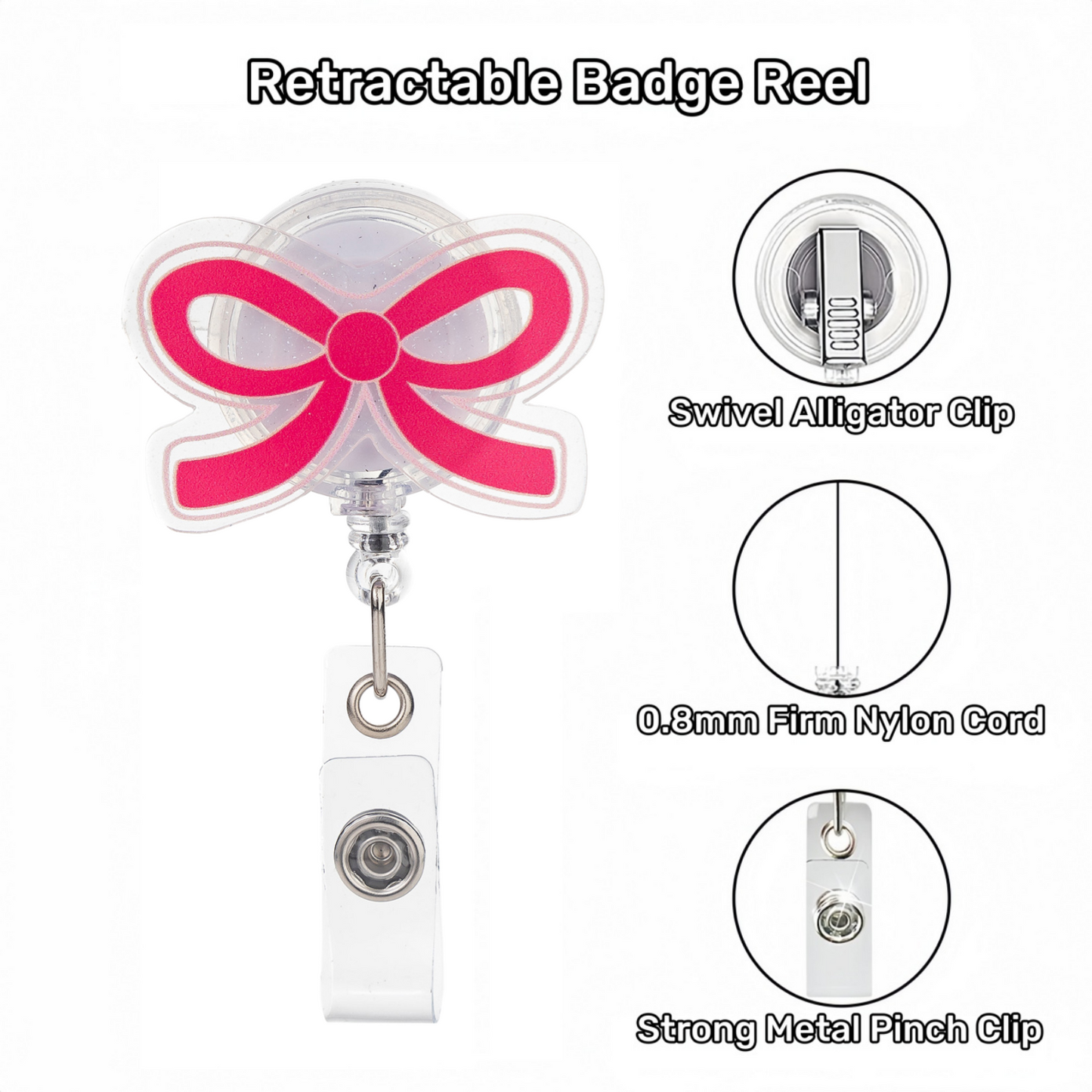 Acrylic Sheer Deep Pink Bow Badge Reel