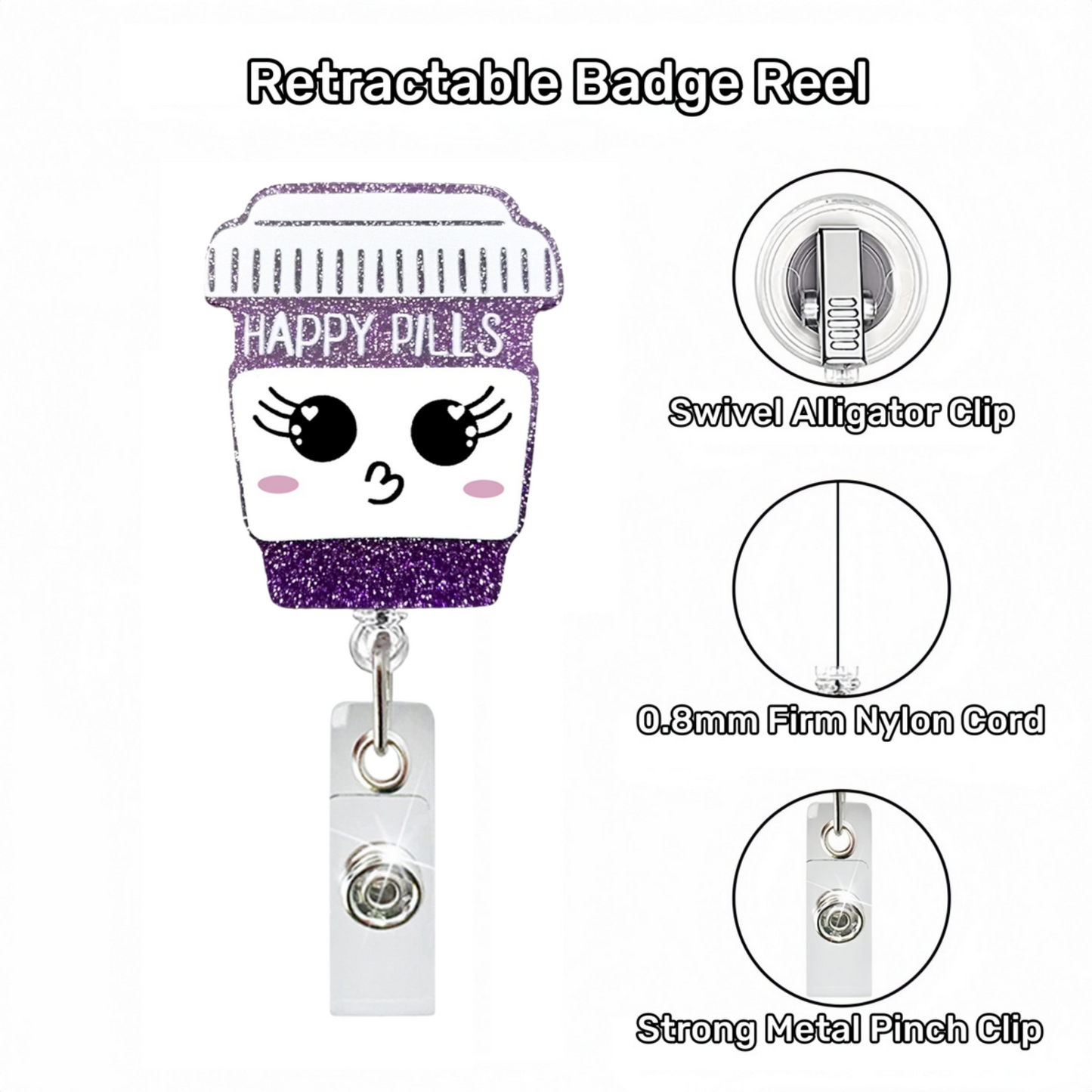 Acrylic Purple Glitter Bottle with Pouting Emoji Badge Reel