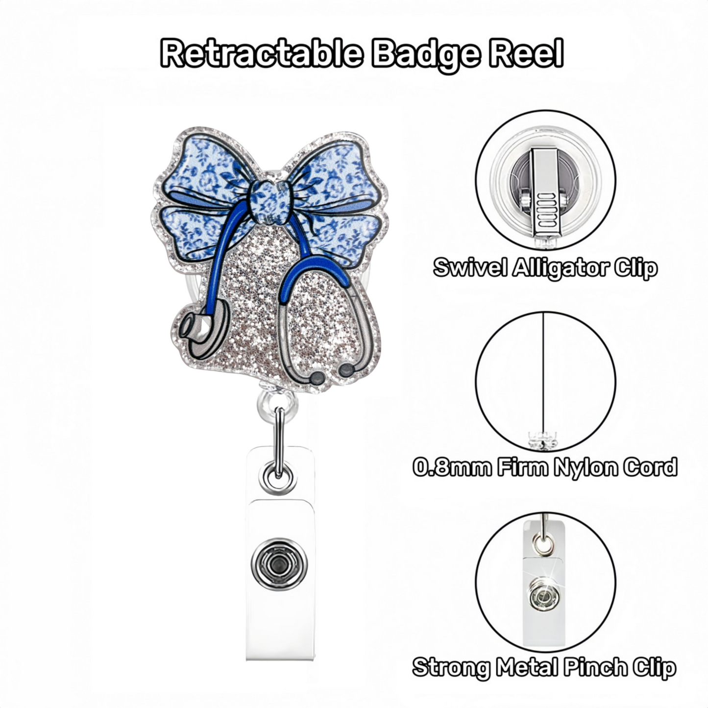 Acrylic Blue White Porcelain Stethoscope Bow Badge Reel