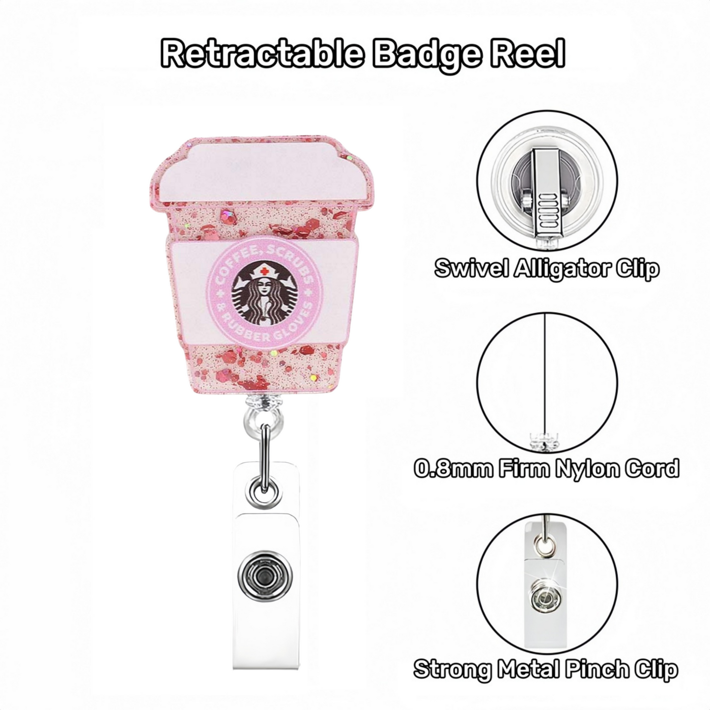 Acrylic Pink Glitter Coffee Cup Badge Reel