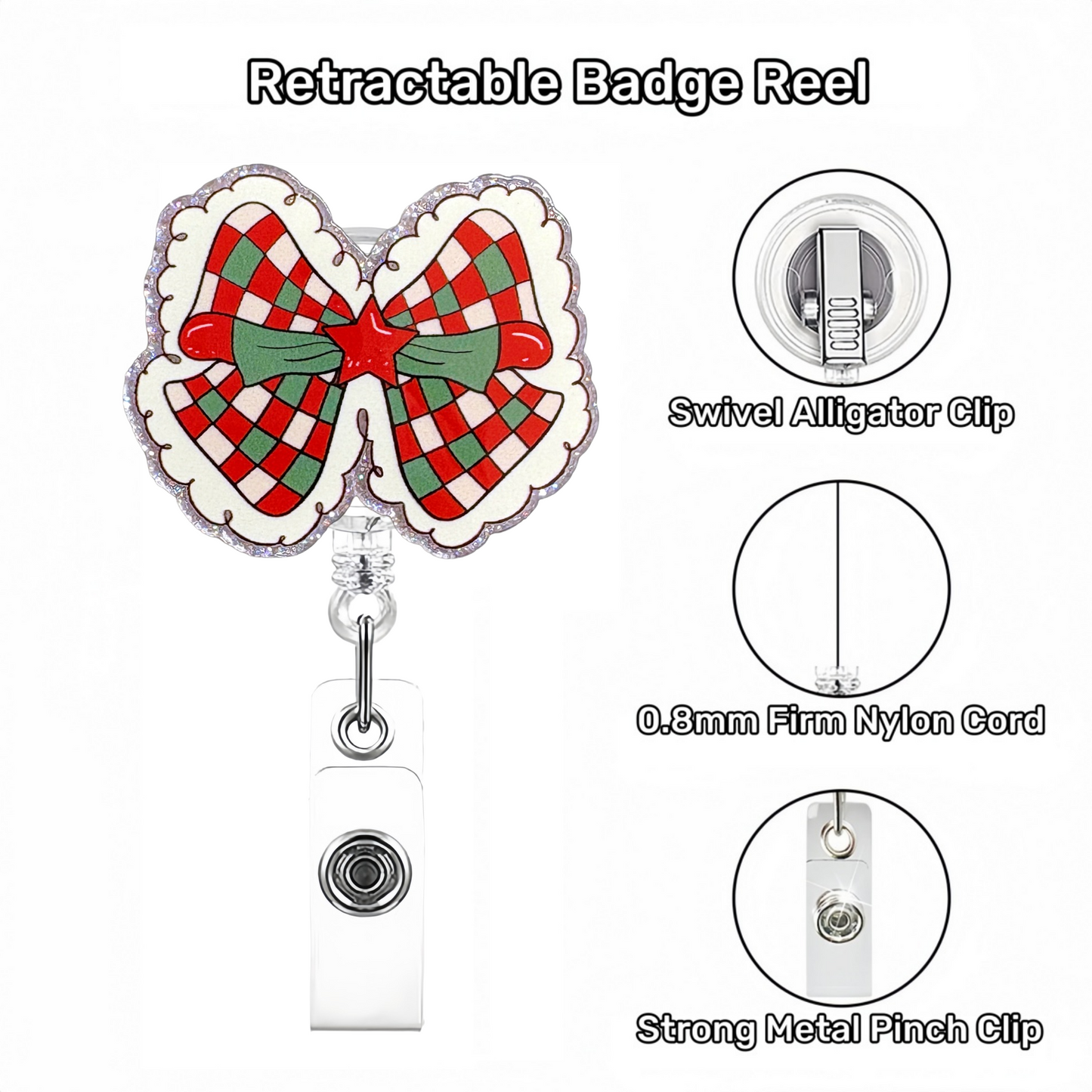 Acrylic Red and Green Checkered Bow Badge Reel