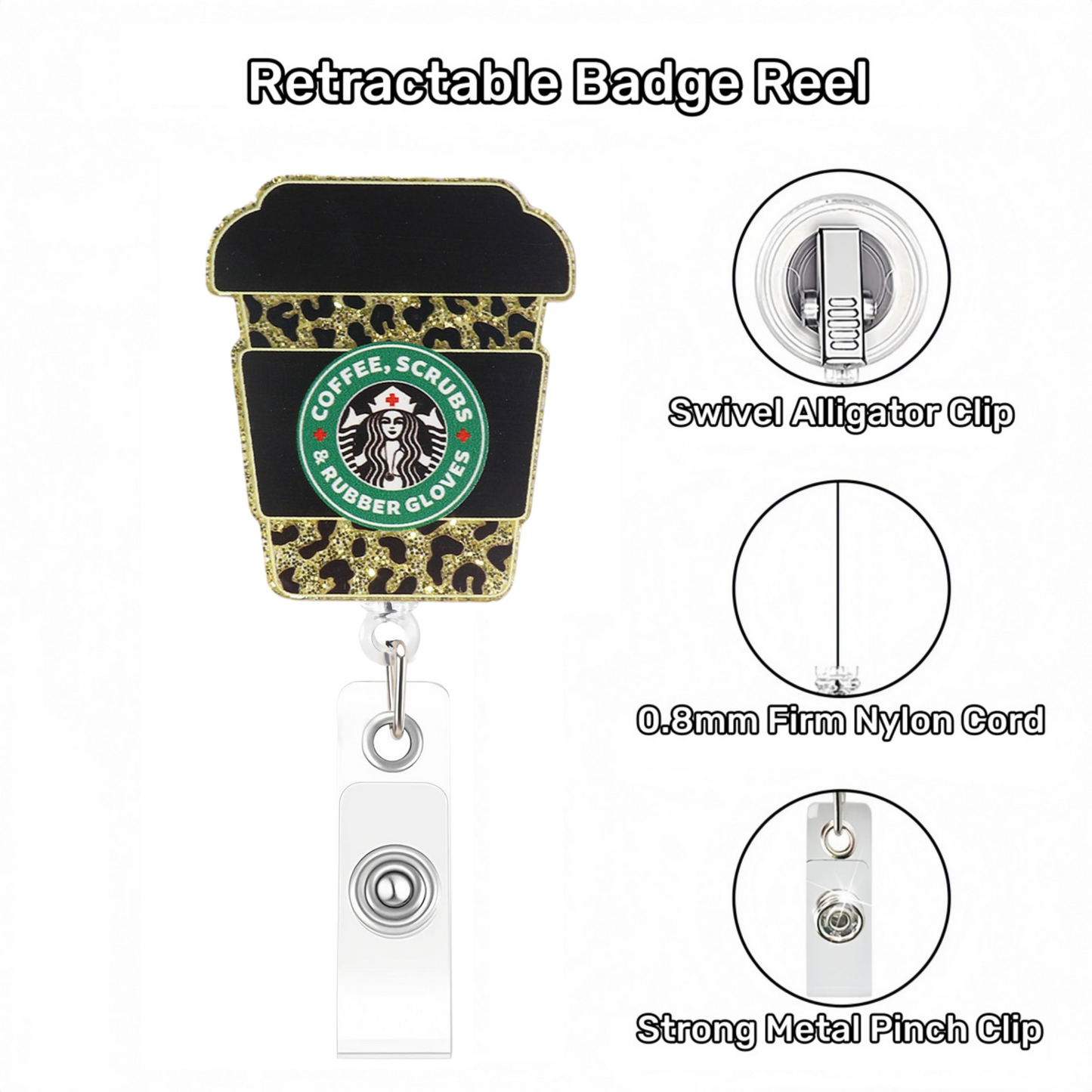Acrylic Gold Leopard Print Coffee Cup Badge Reel