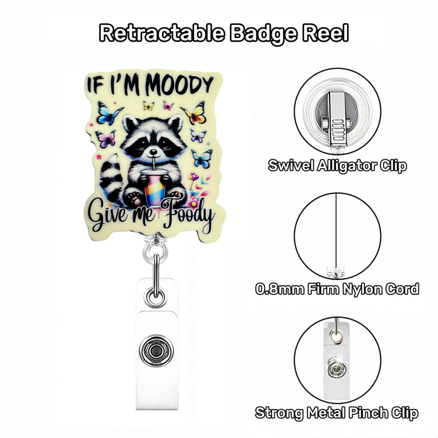 Acrylic Raccon with Butterflies Badge Reel