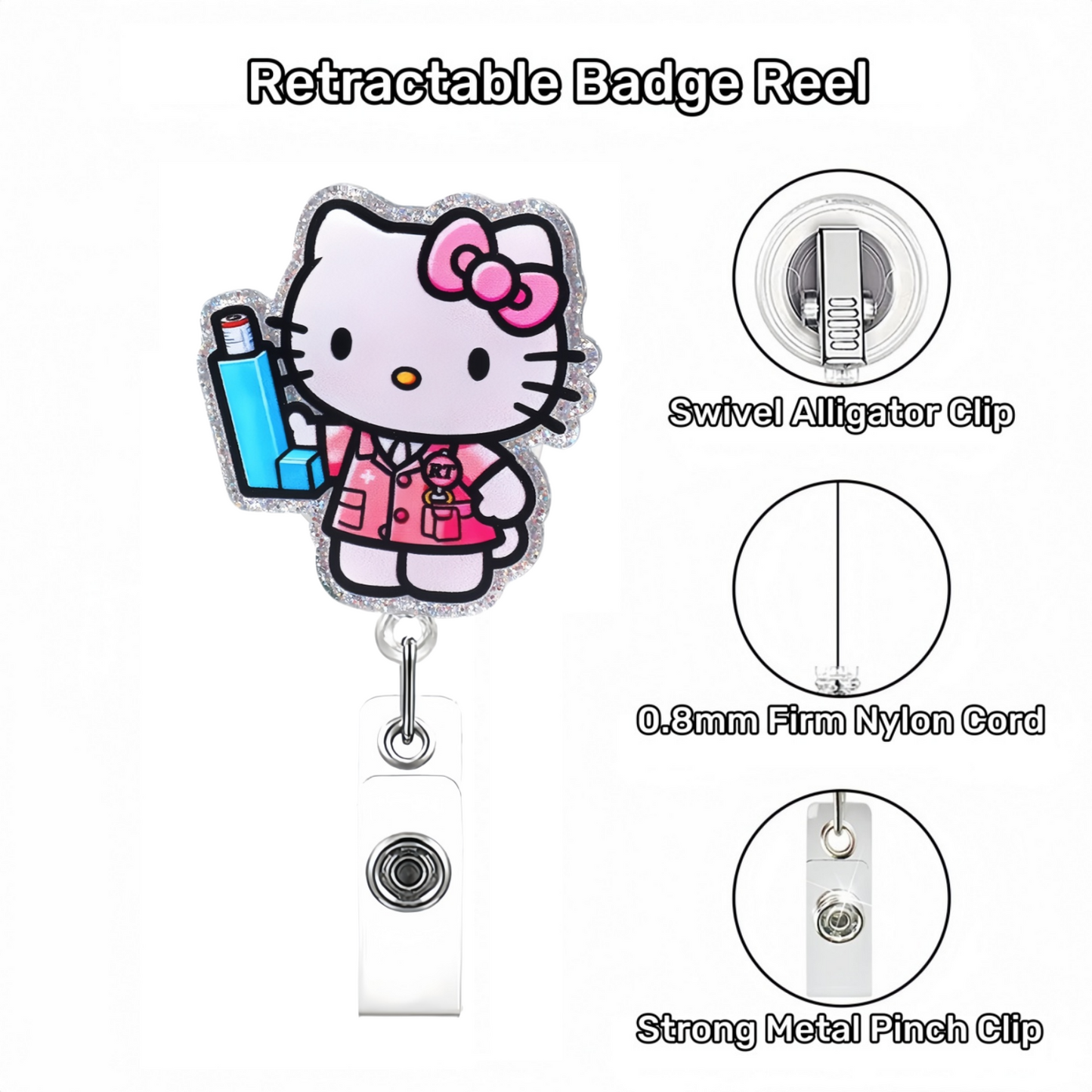 Acrylic Pink Nurse Cat with Syringe Badge Reel