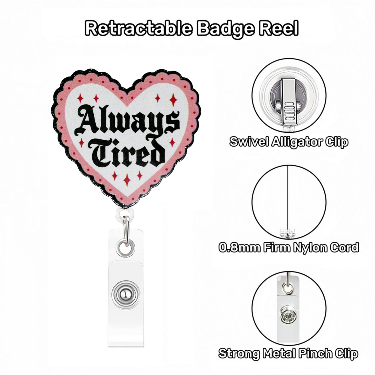 Acrylic Black and Pink Trim Always Tired Badge Reel