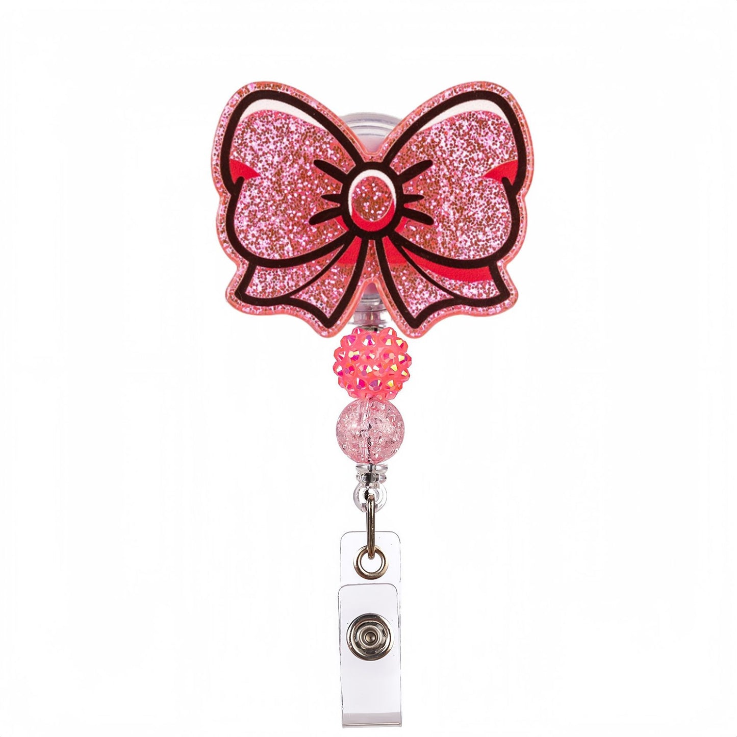 Acrylic Glitter Bow Beaded Retractable Badge Reel