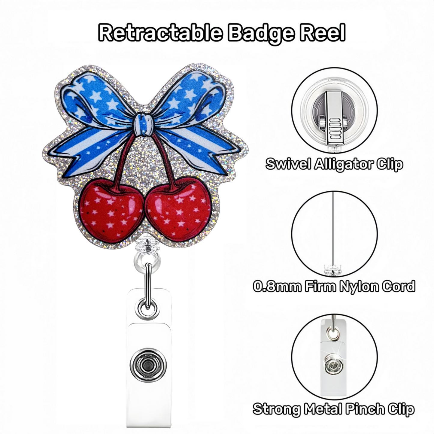 Acrylic Blue Striped Bow with Cherries Badge Reel