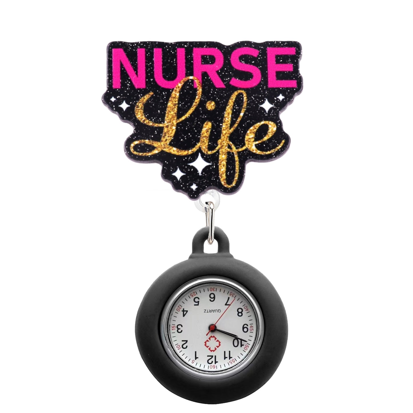 Acrylic Glitter Black Nurse Life Badge Reel with Black Watch