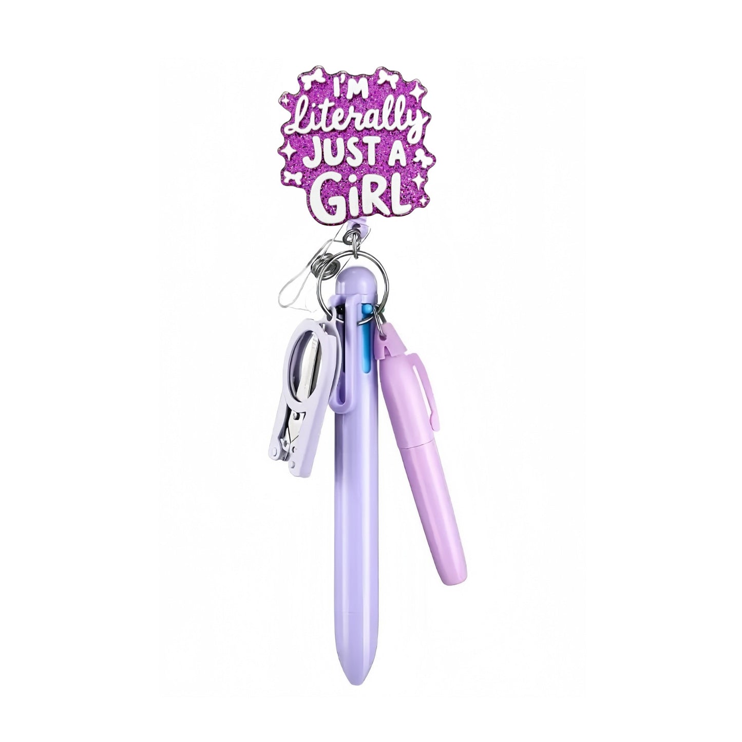 Purple Literally Just A Girl Badge Reel with Purple Pen Set