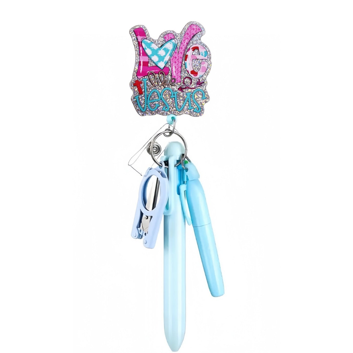 Acrylic Love Jesus Badge Reel with Blue Pen Set