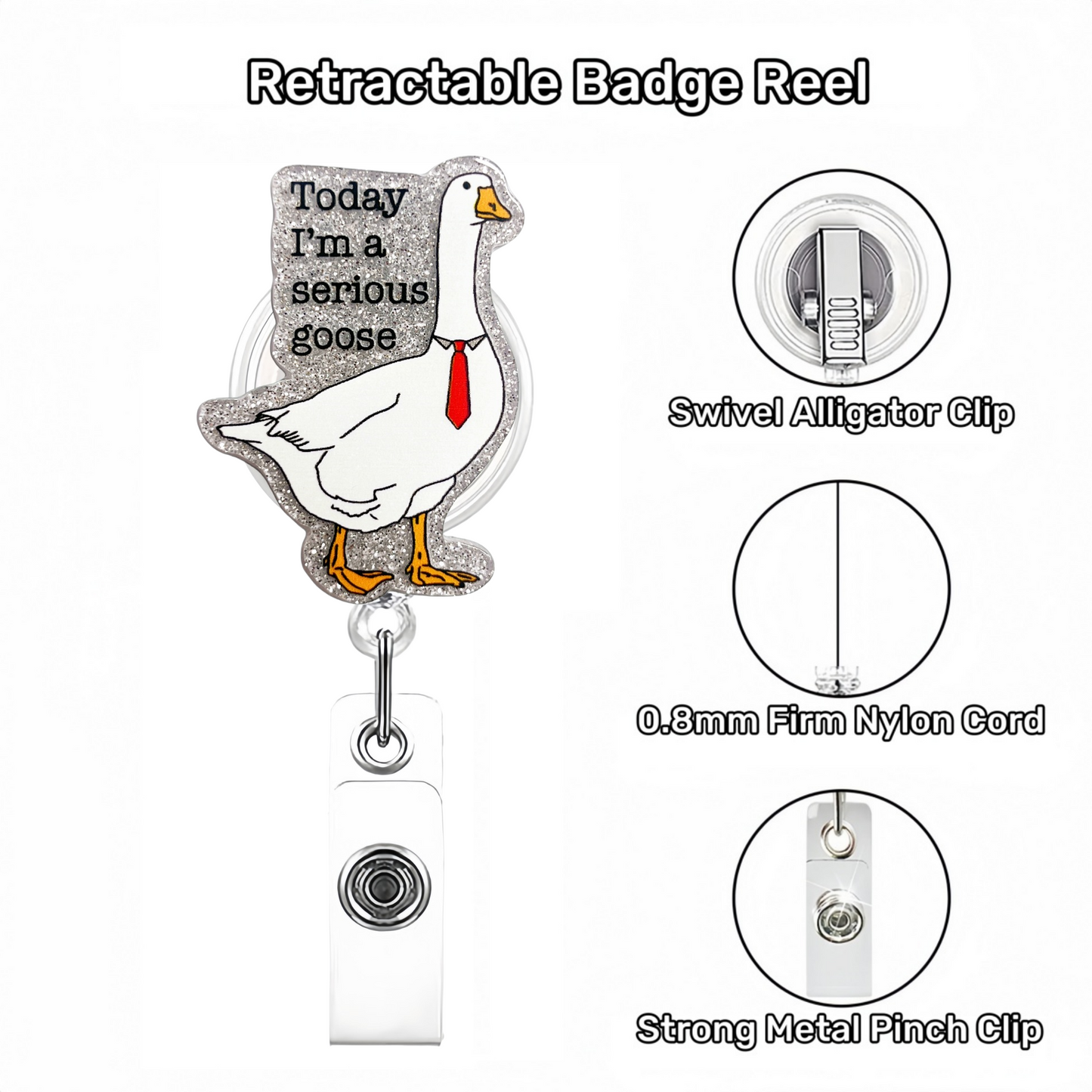 Acrylic Silver Glitter Foundation Serious Goose Badge Reel