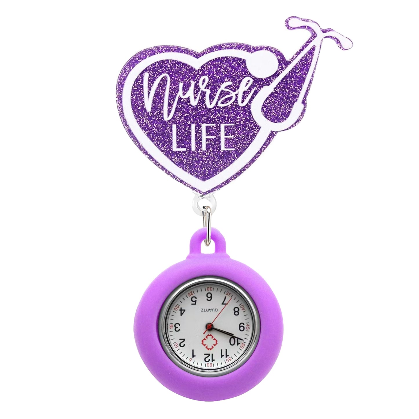 Purple Glitter Nurse Life Badge Reel with Purple Fob Watch