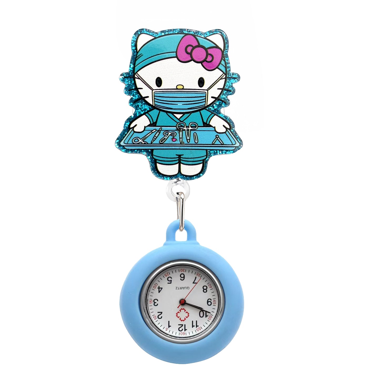 Acrylic Kitty Wear a Mask Badge Reel with Blue Fob Watch