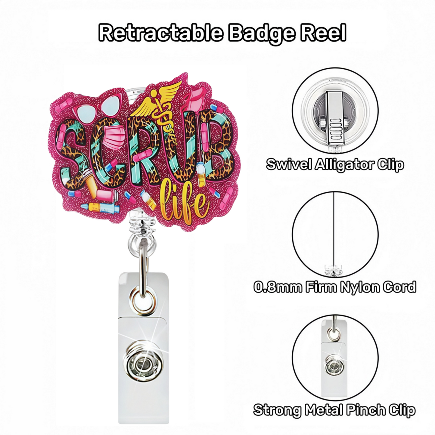 Acrylic Leopard Print Scrub Life Badge Reel