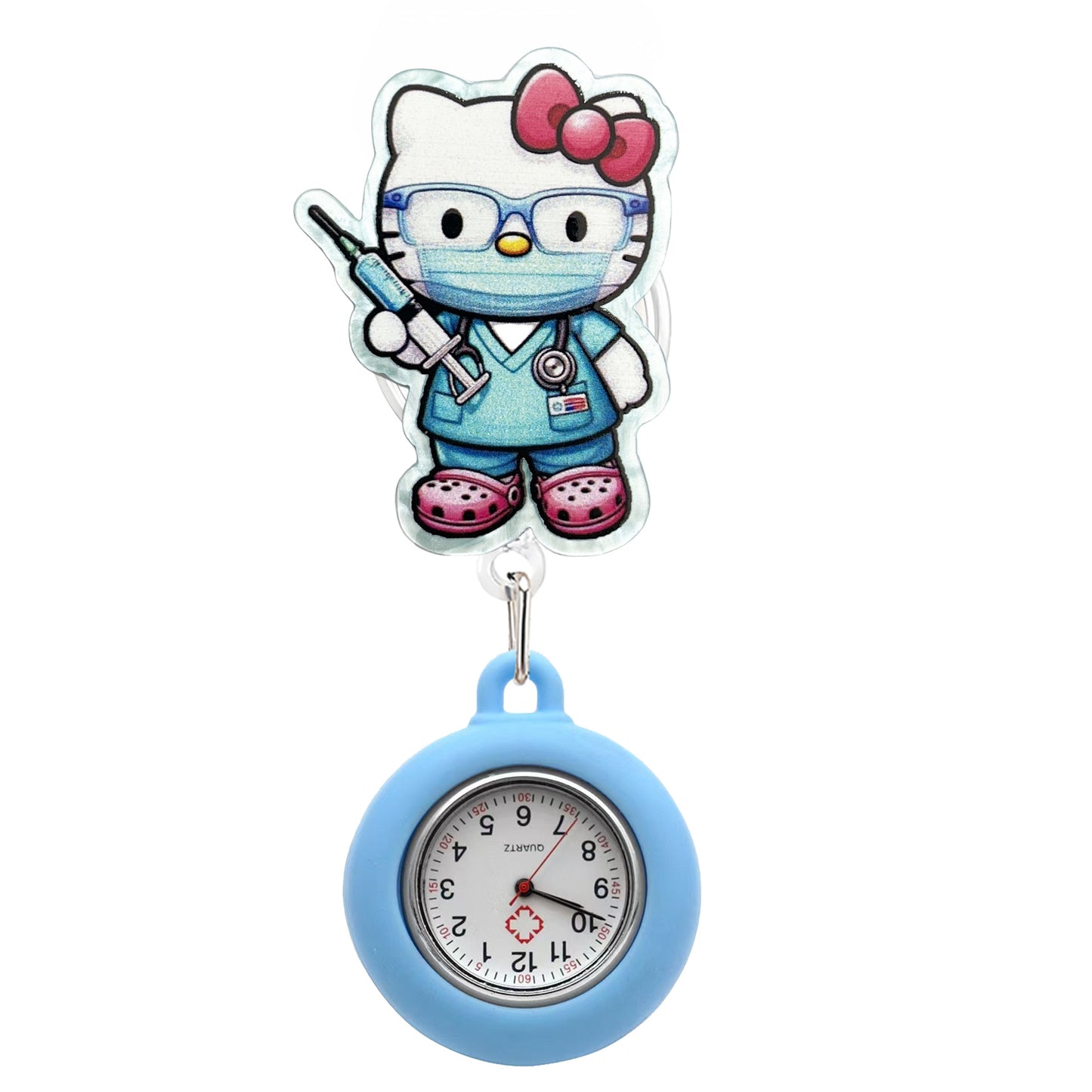 Acrylic Kitty with Syringe Badge Reel with Blue Fob Watch