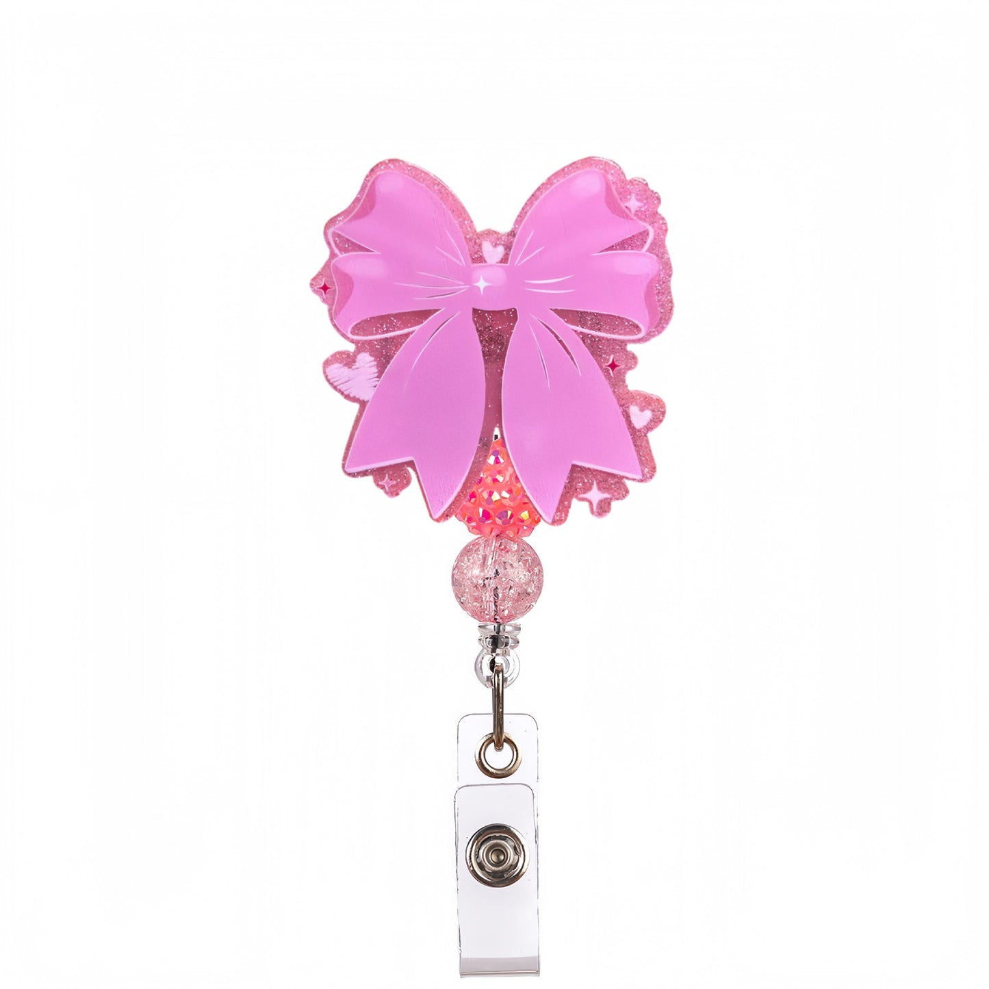 Acrylic Bow with Heart Trim Beaded Retractable Badge Reel