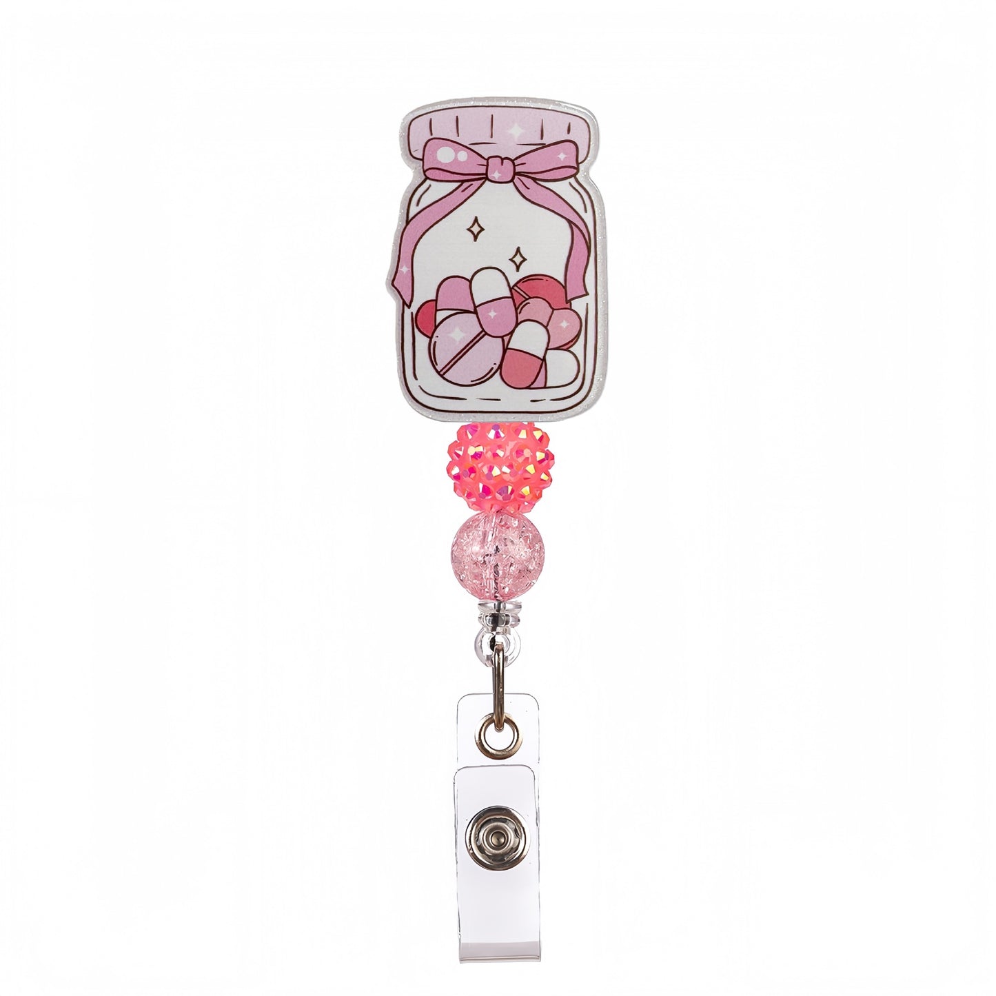 Acrylic Pill Bottle Beaded Retractable Badge Reel