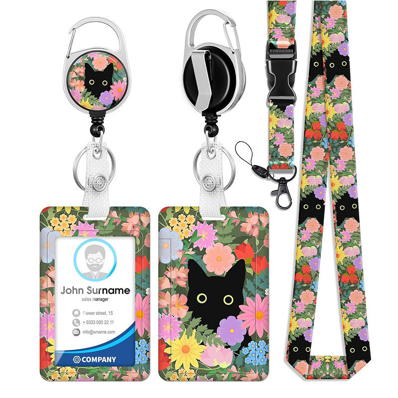 Black Cat Floral ID Badge Holder Set