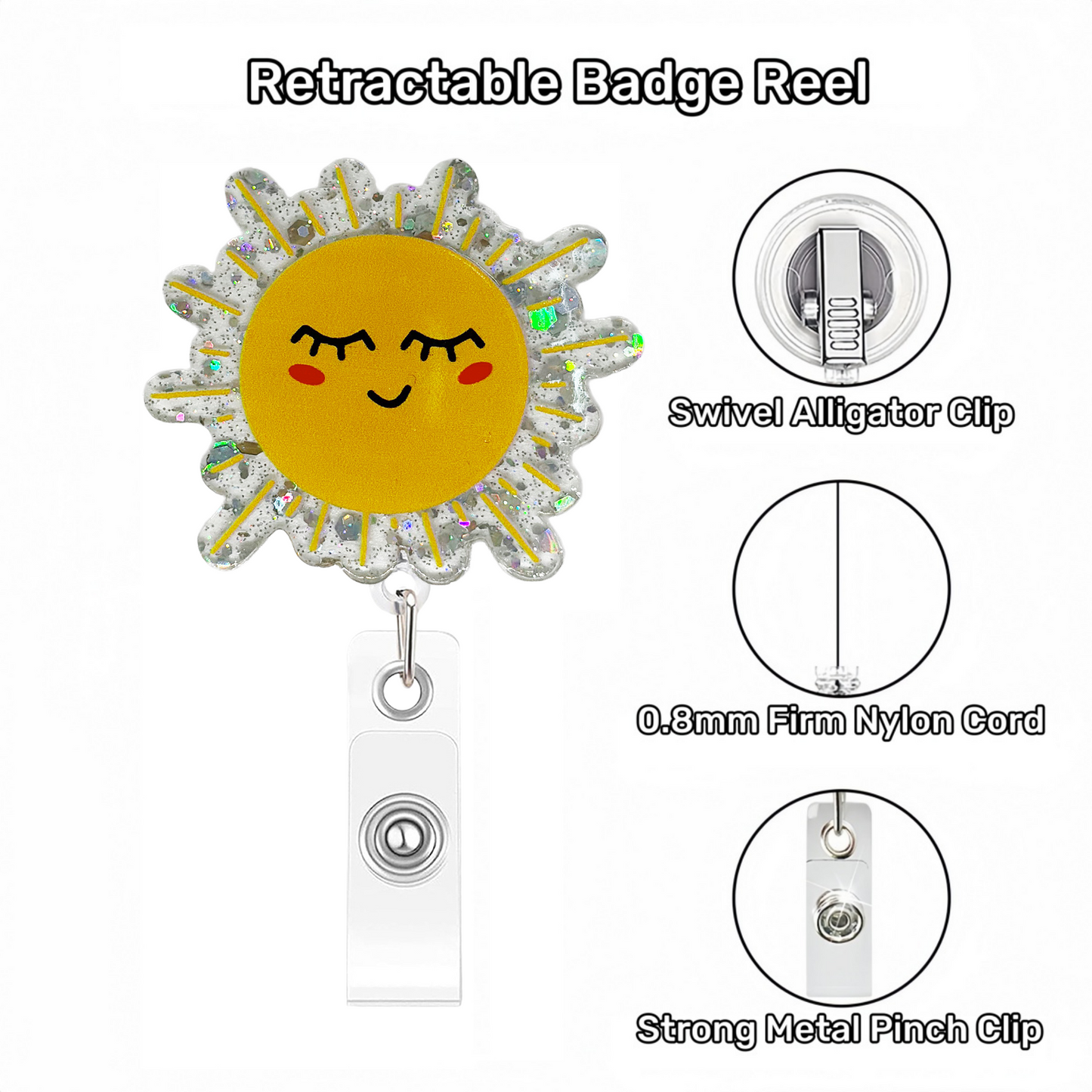 Acrylic Shy Sun with Silver Glitter Foundation Badge Reel