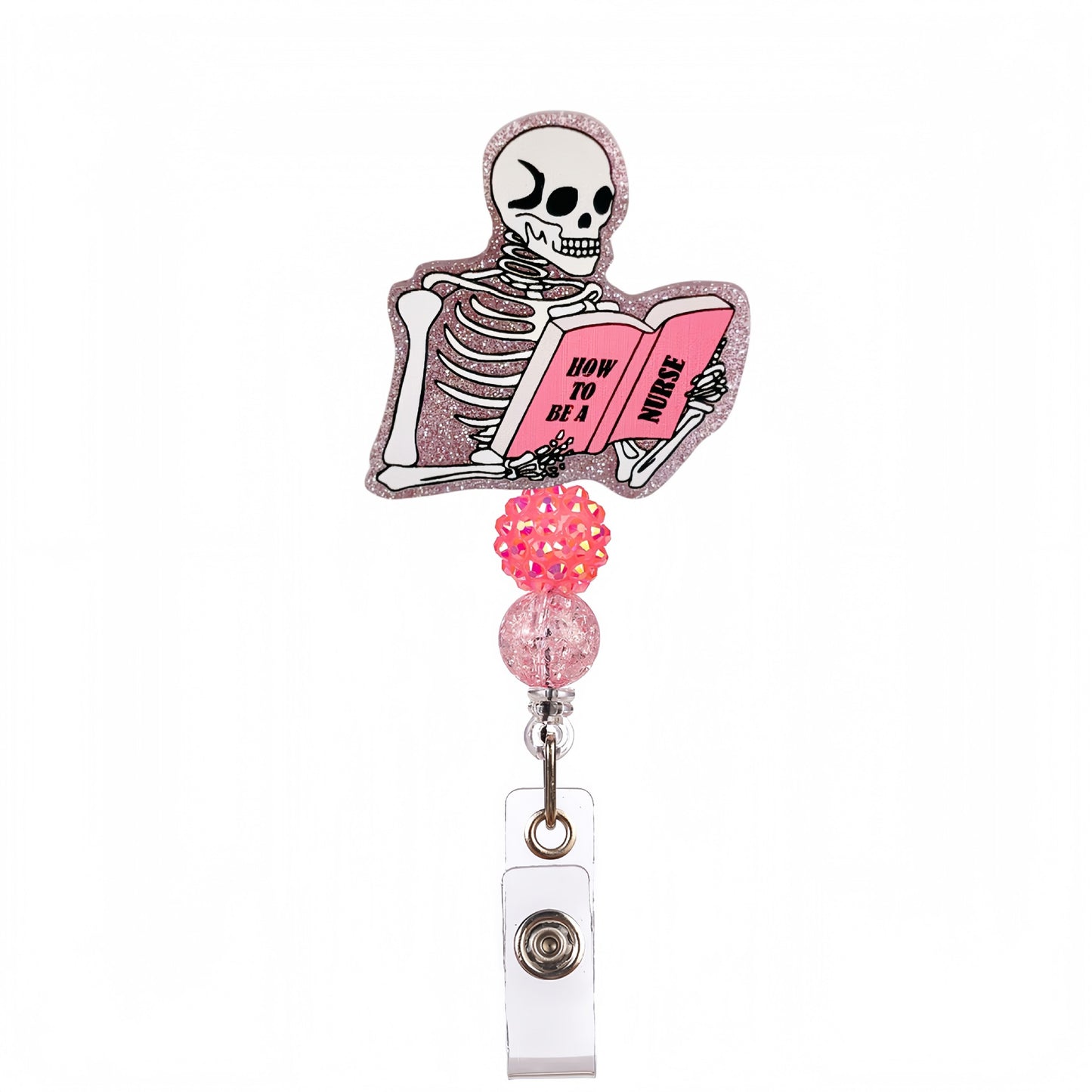 Acrylic Skeleton Read Book Beaded Retractable Badge Reel