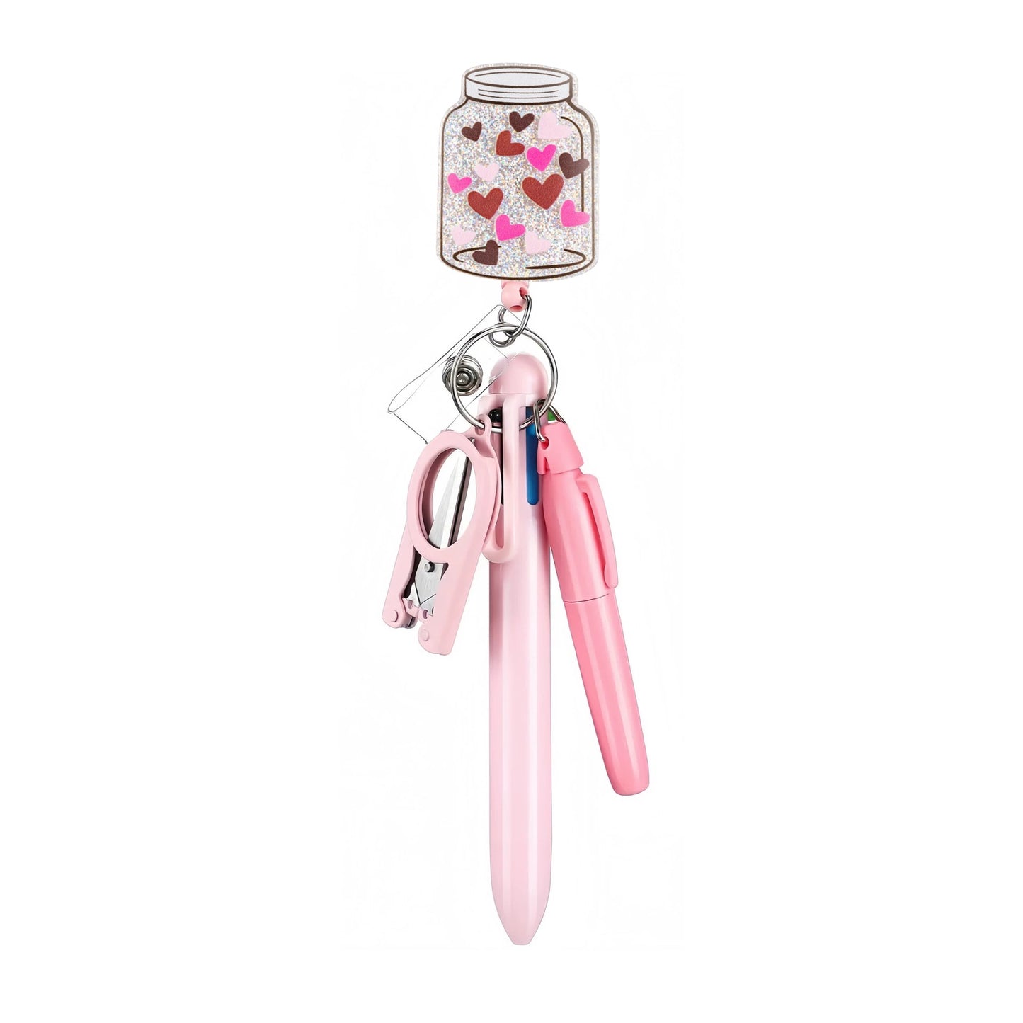 Bottle of Love Badge Reel with Pink Pen Set