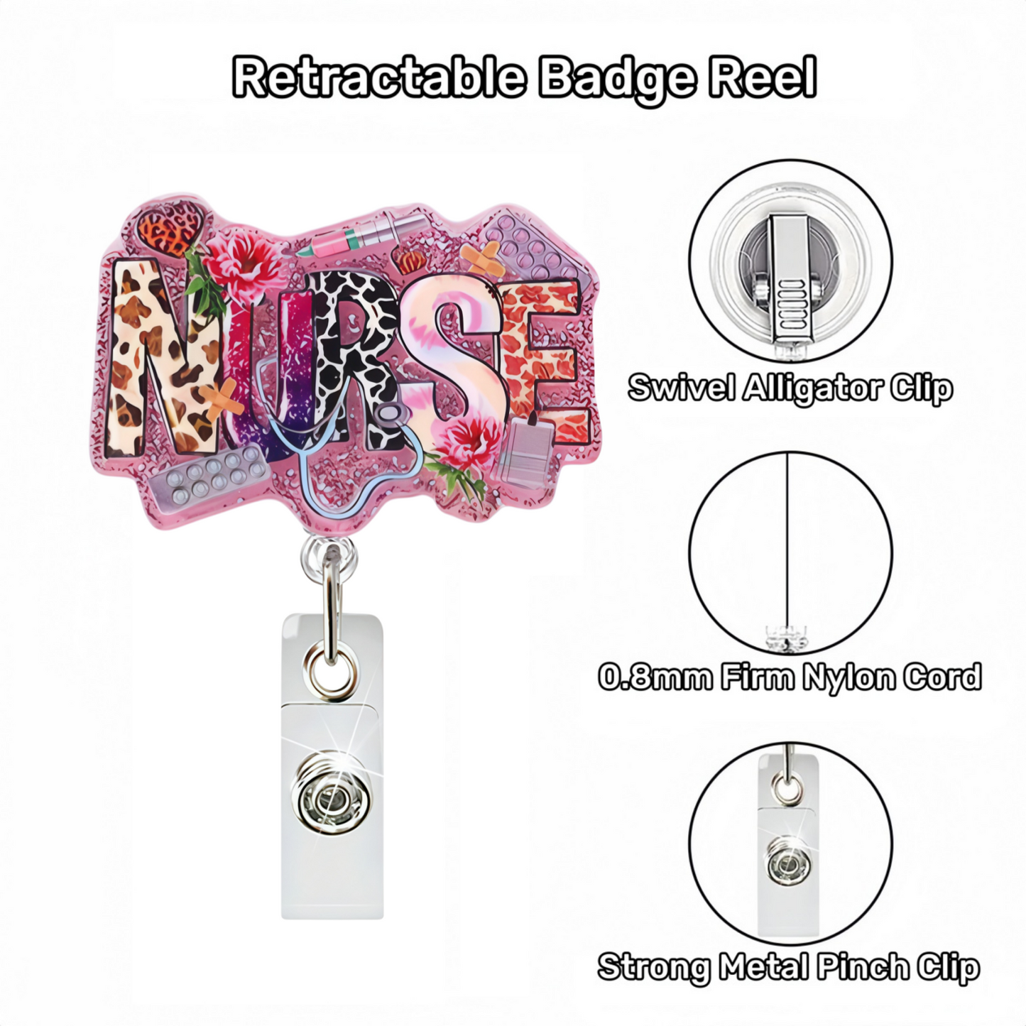 Acrylic Word Nurse with Flowers Badge Reel