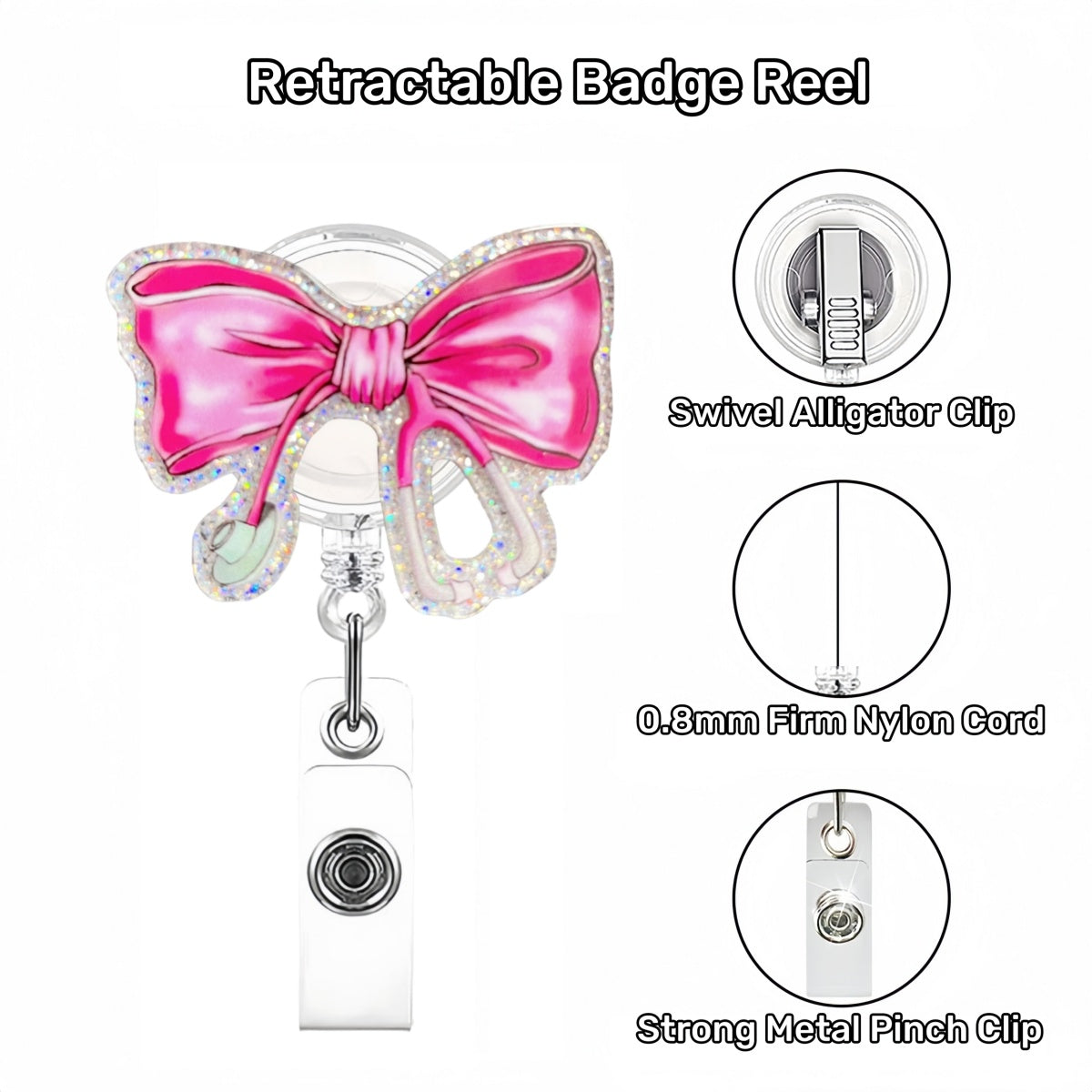 Acrylic Stethoscope Bow Badge Reel Hot Pink