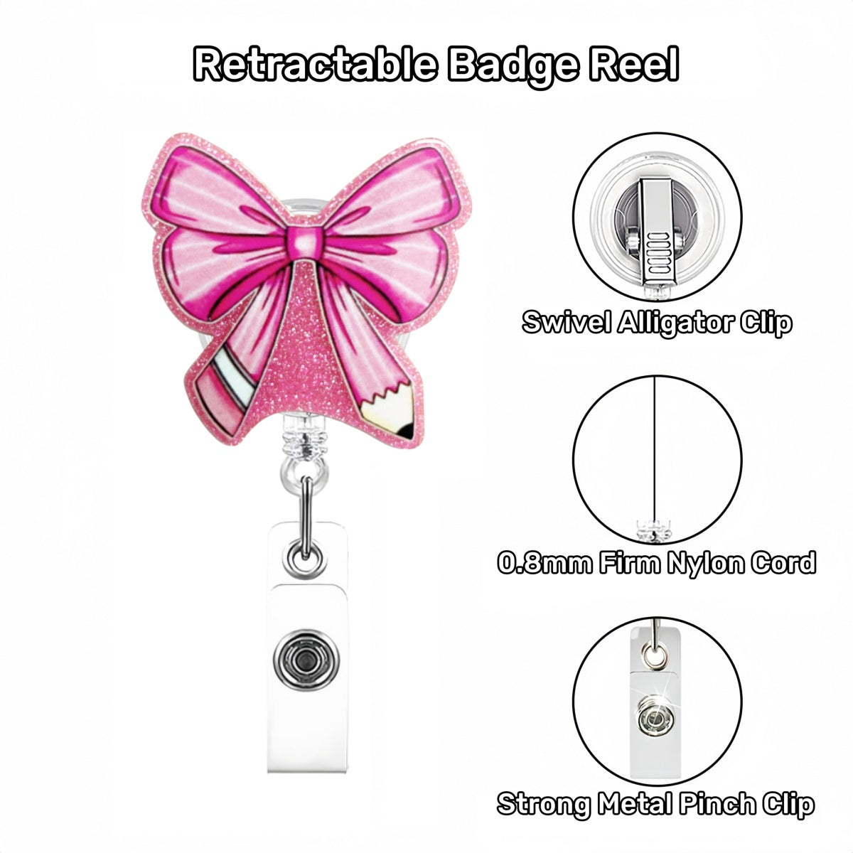 Acrylic Glitter Pink Bow Badge Reel Pencil Tails