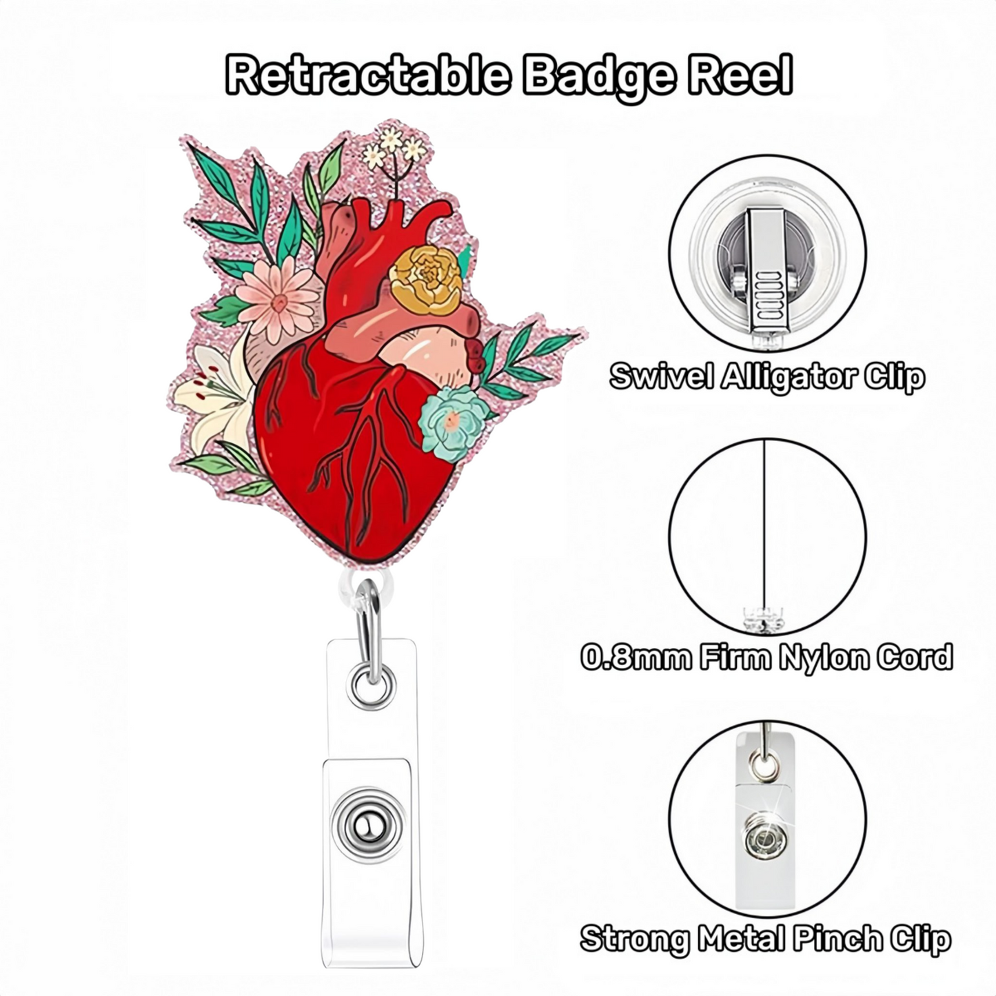 Acrylic Red Heart With Flowers Badge Reel