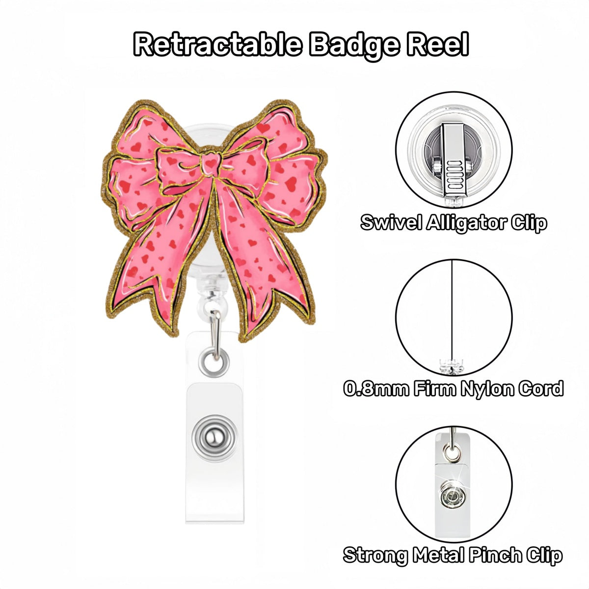 Acrylic Golden Glitter Bow Badge Reel