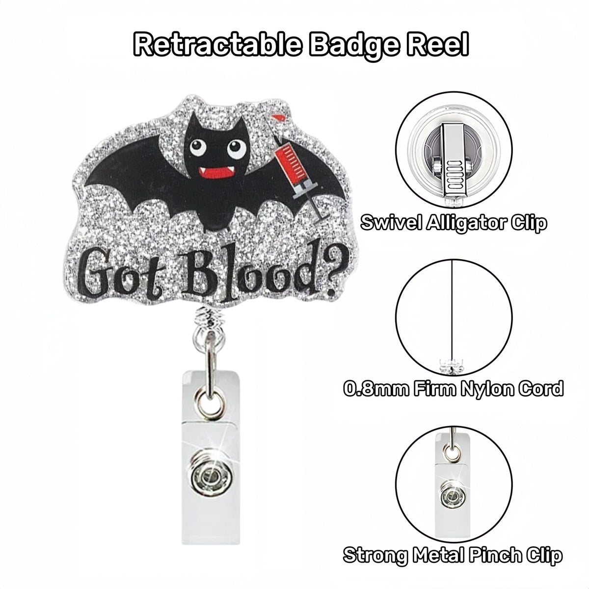 Acrylic Got Blood Black Bat Badge Reel