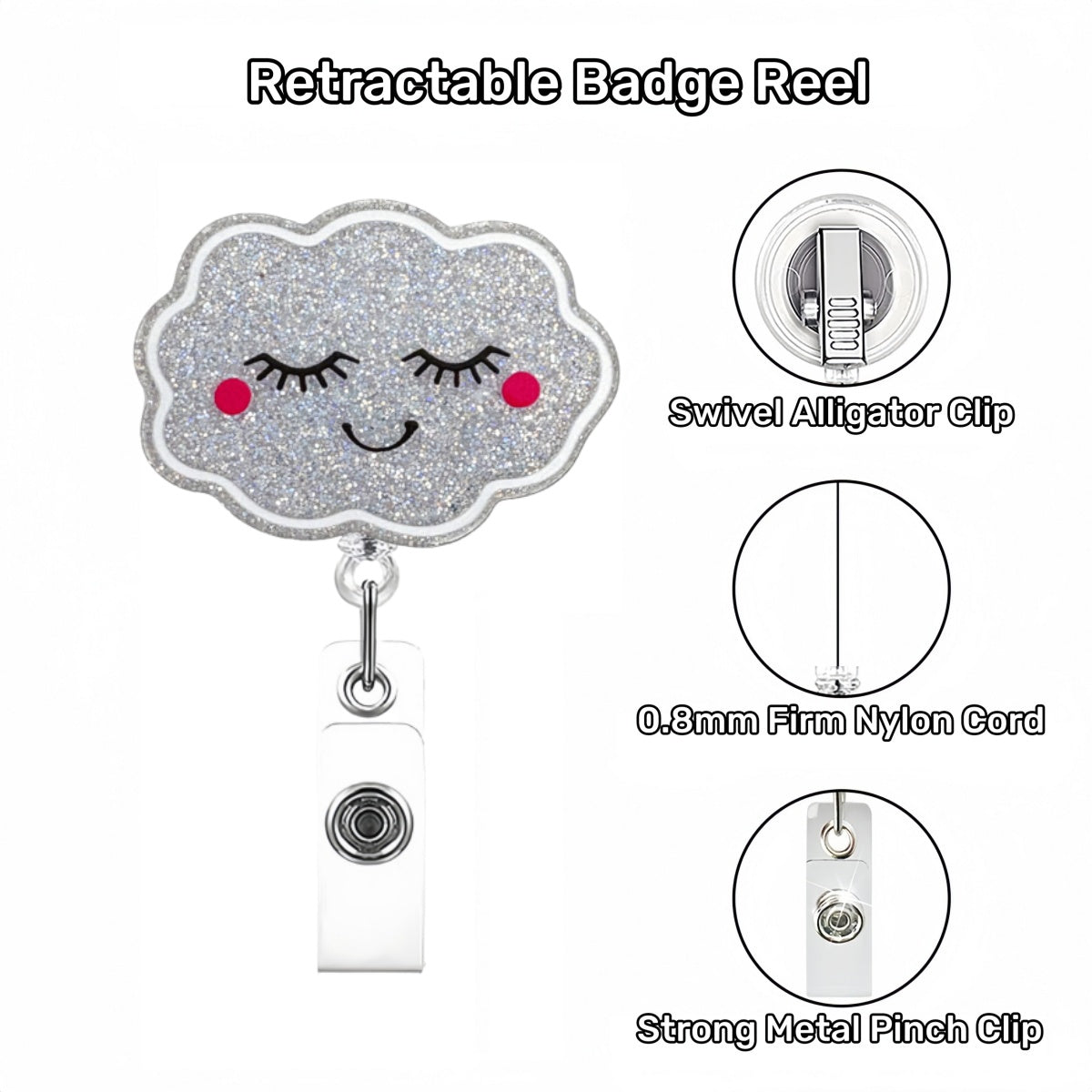 Acrylic Silver Glitter Cloud Badge Reel