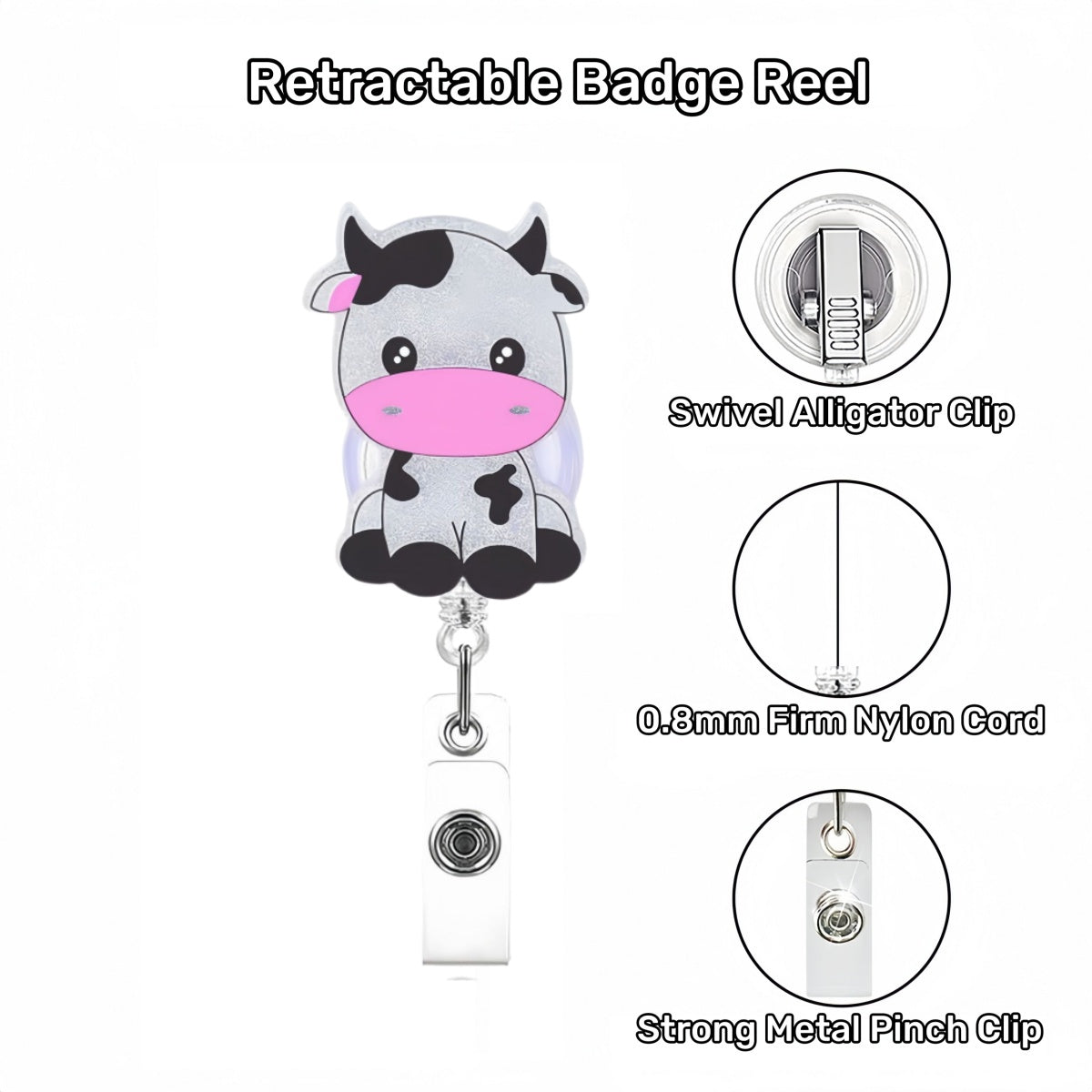 Acrylic Pink Mouth Cow Retractable Badge Reel