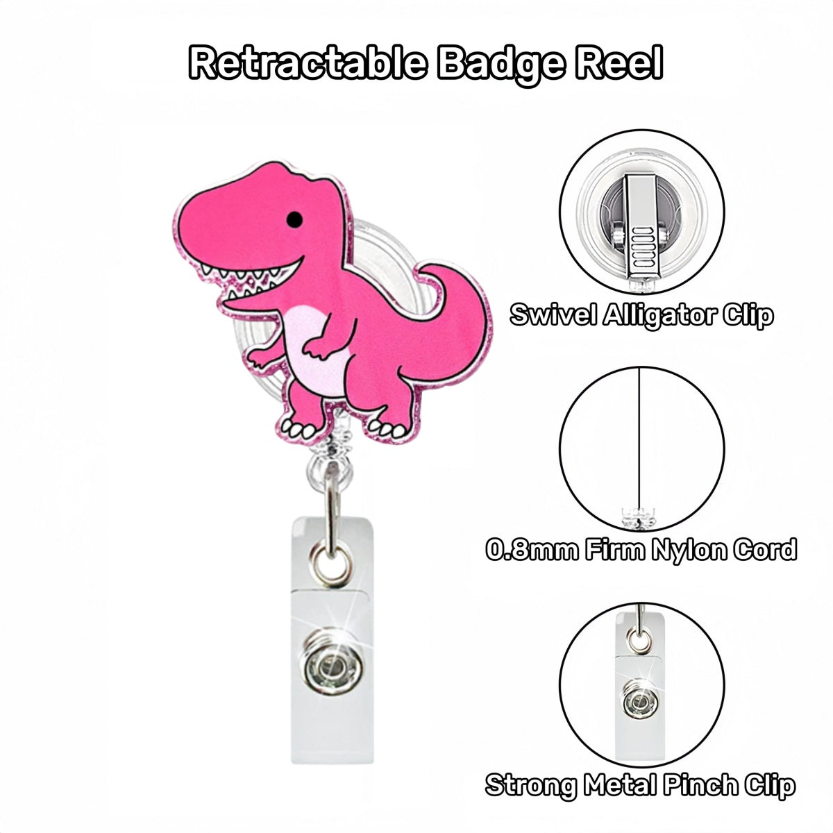 Acrylic Pink Dinosaur Badge Reel