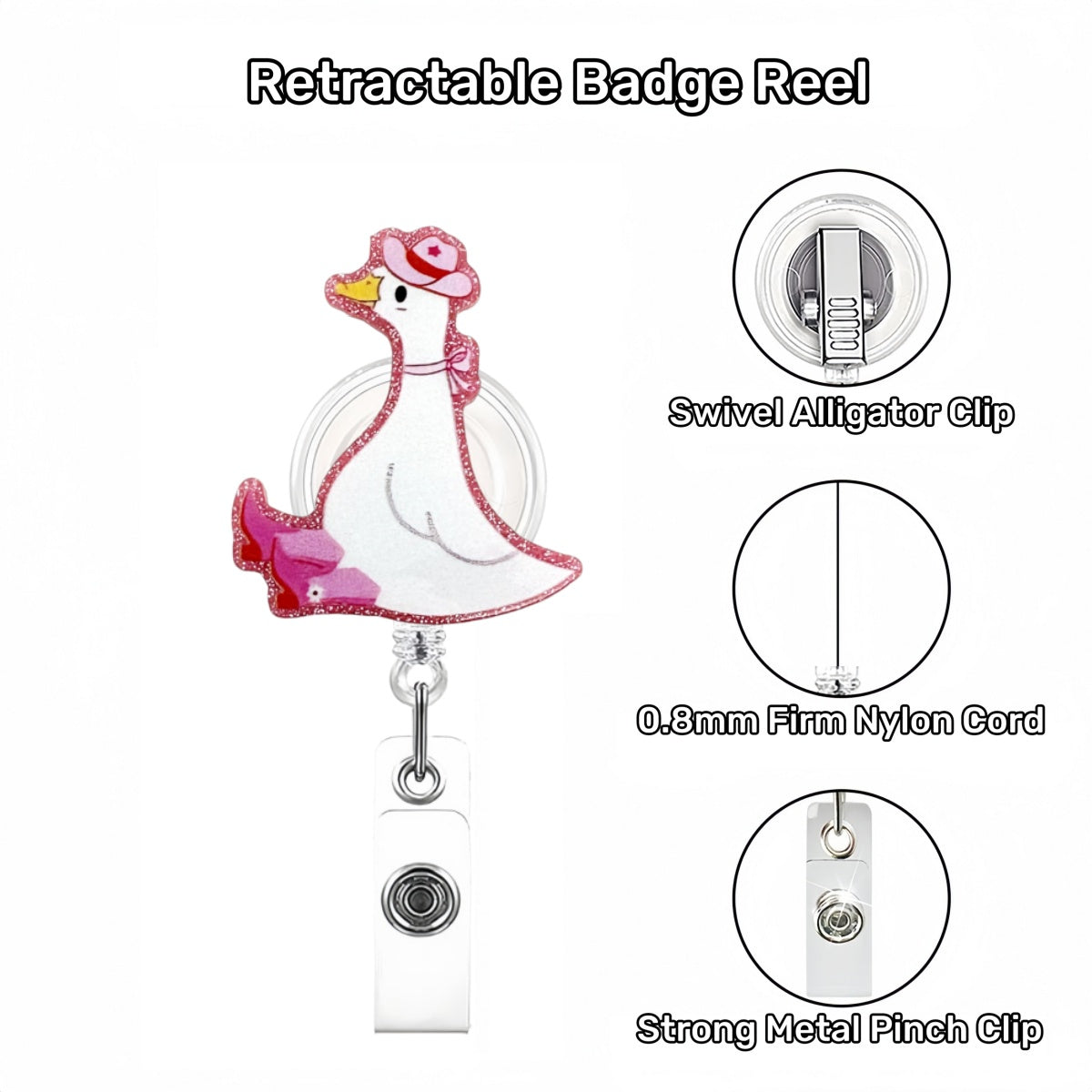 Acrylic Pink Girl Goose with Hat Badge Reel