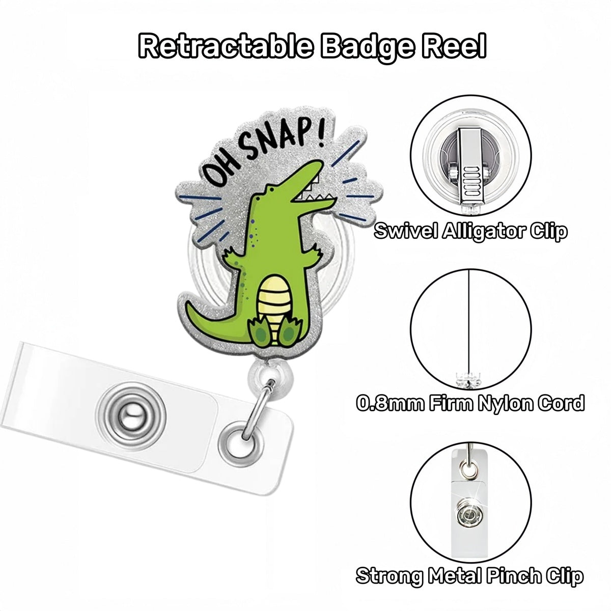 Acrylic Oh Snap Green Crocodile Badge Reel