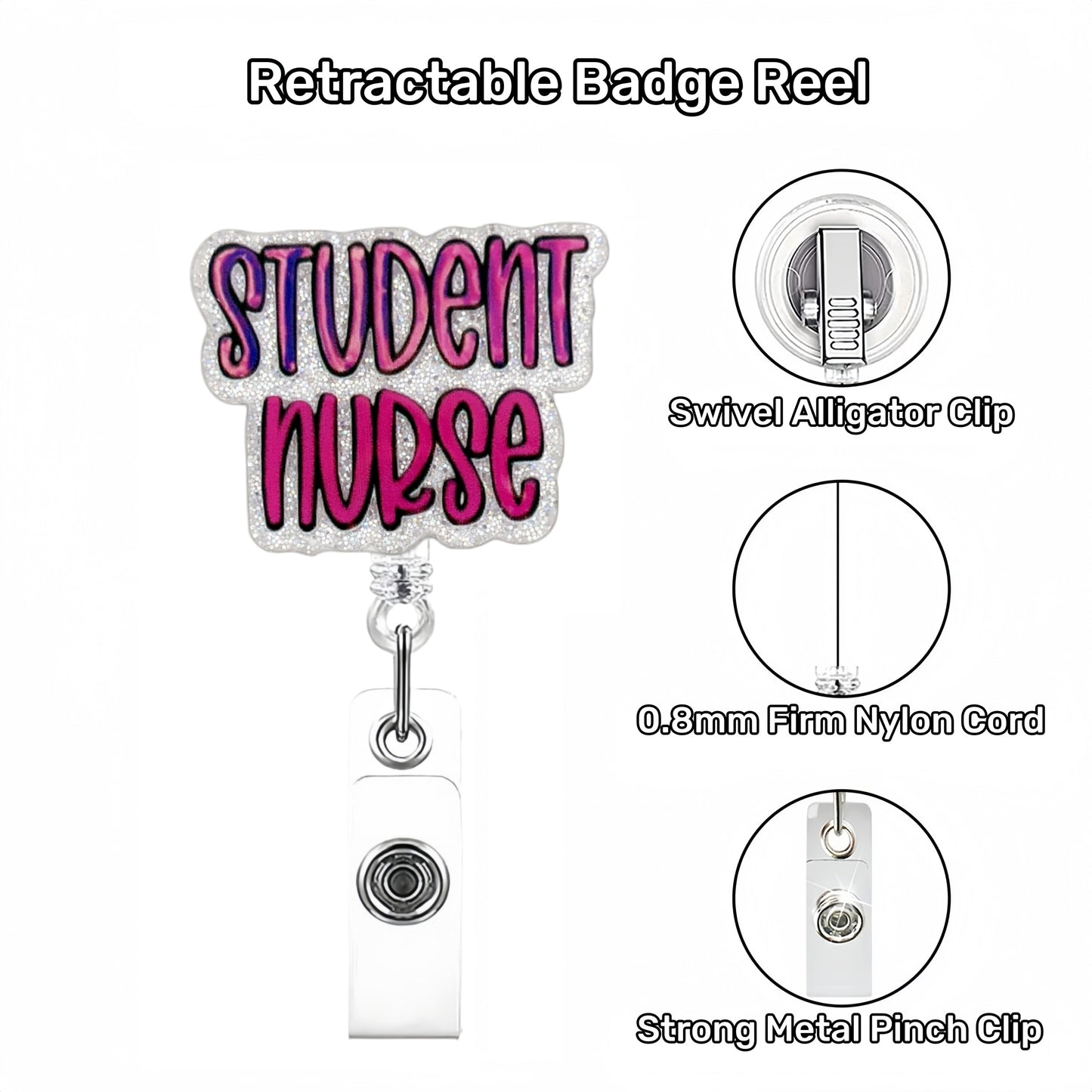 Acrylic Student Nurse Badge Reel Silver Glitter