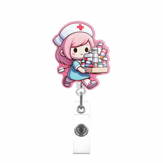 Acrylic Pink Nurse is Holding Some Medicine Badge Reel