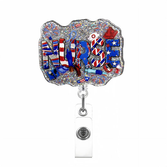 Acrylic American Theme Nurse with Silver Glitter Badge Reel