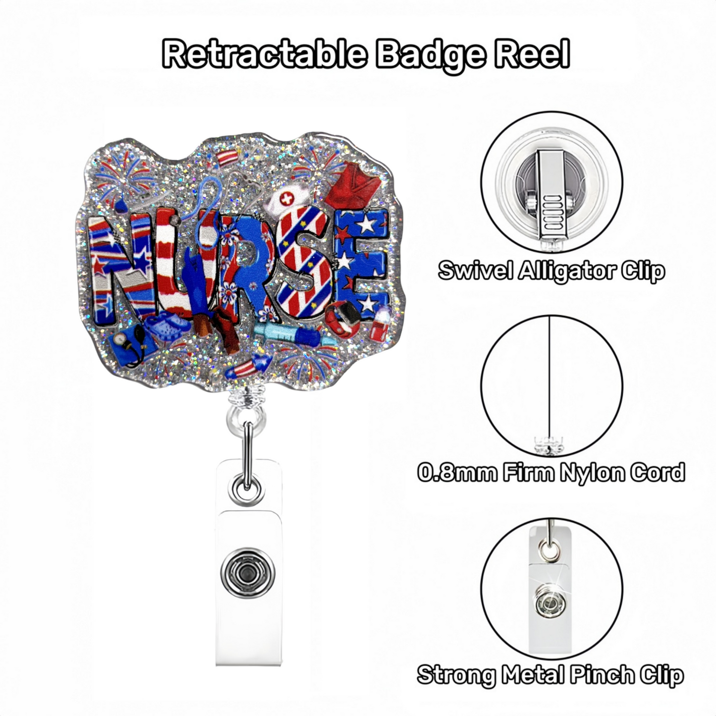 Acrylic American Theme Nurse with Silver Glitter Badge Reel