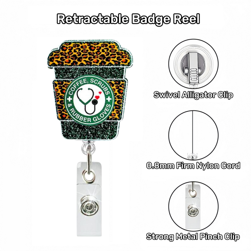 Acrylic Green Leopard Print Coffee Cup Badge Reel