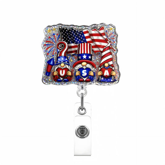Acrylic American Flag with Three Gnomes Badge Reel