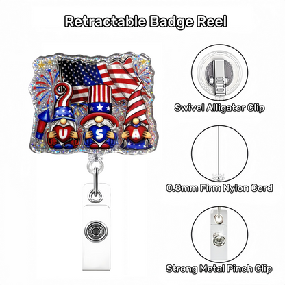 Acrylic American Flag with Three Gnomes Badge Reel
