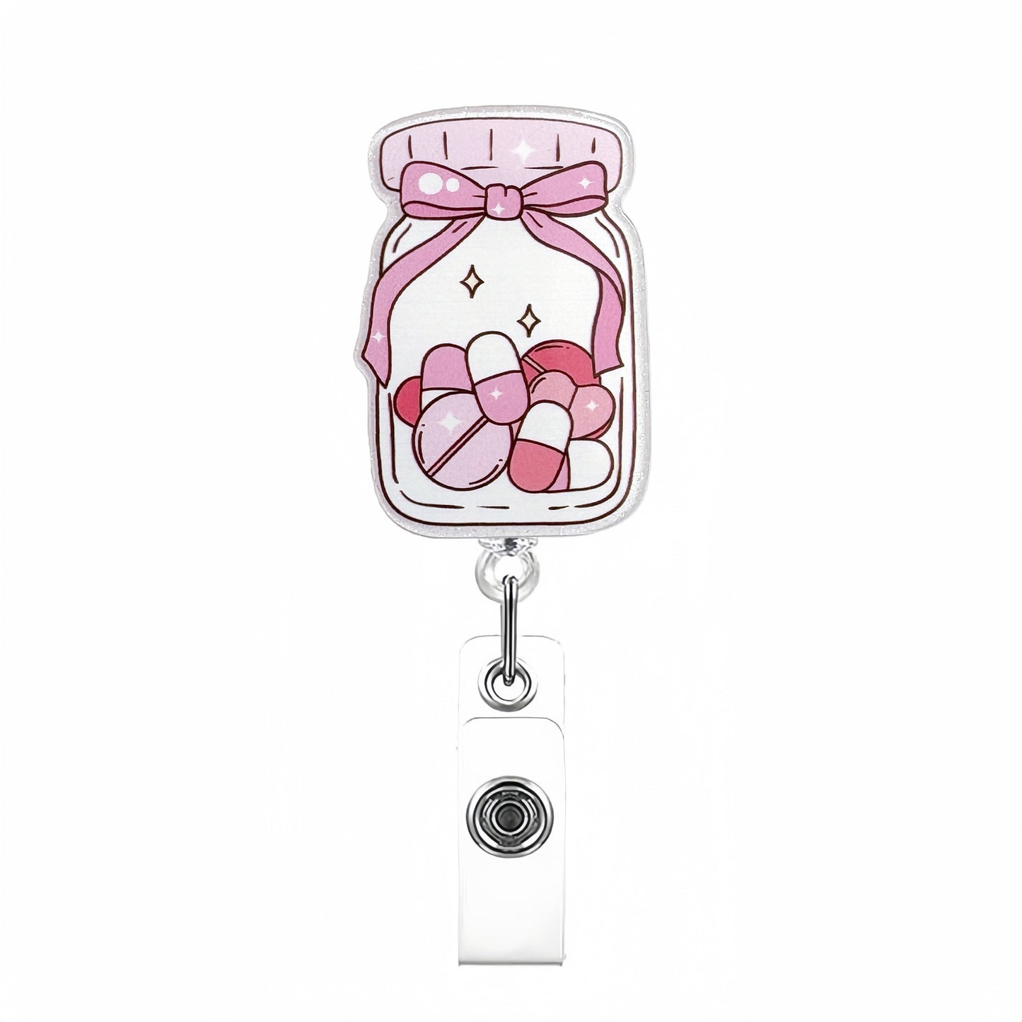 Acrylic Pink Medicine Bottle with a Bow Badge Reel