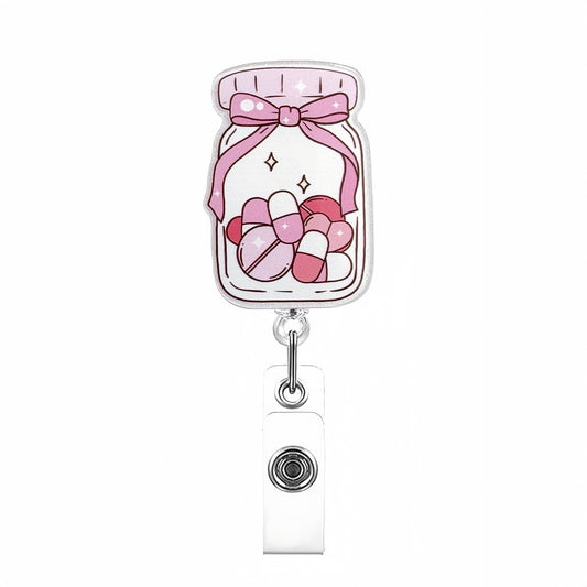 Acrylic Pink Medicine Bottle with a Bow Badge Reel