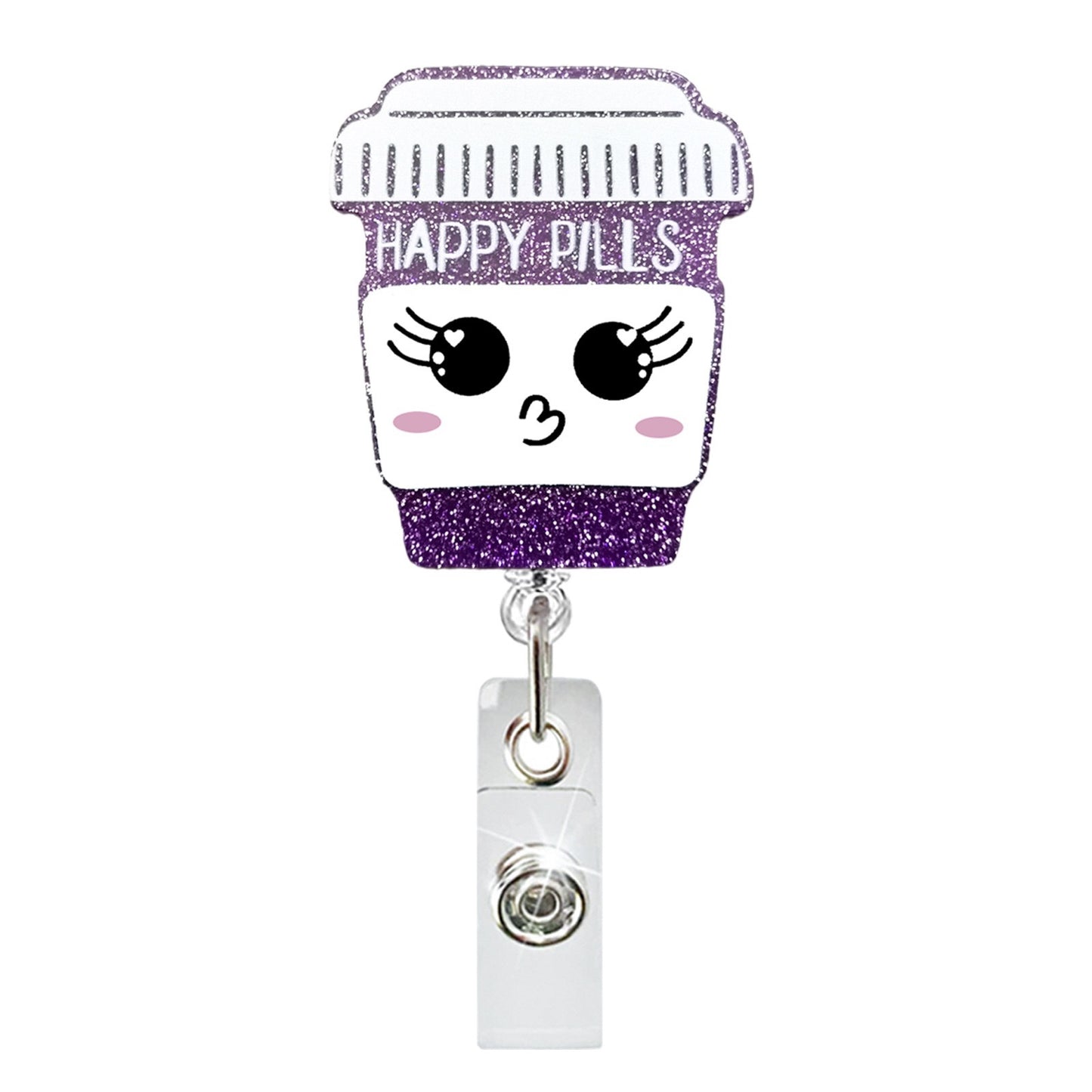 Acrylic Purple Glitter Bottle with Pouting Emoji Badge Reel