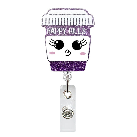 Acrylic Purple Glitter Bottle with Pouting Emoji Badge Reel